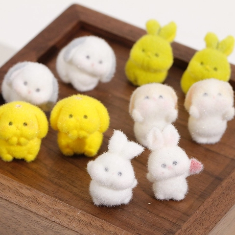 Cute Flocked Resin Rabbit Dog Animal Charms For DIY Jewelry Making Crafts Mini Cartoon Figurines For Phone Case Decor