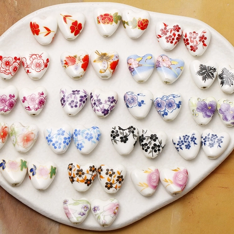 Hand Painted Heart Shaped Ceramic Beads Floral Pattern Glazed Loose Beads For DIY Bracelet Necklace Jewelry Making Accessory