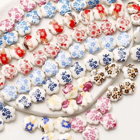 Vintage Ceramic Flower Shaped Beads Hand Painted Floral Pattern Porcelain Loose Beads For DIY Jewelry Making Crafts