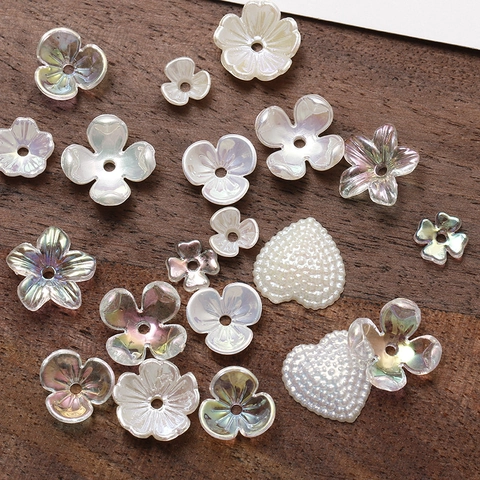 Perles en Acrylique Irisé Forme Fleur et Cœur pour Fabrication de Bijoux DIY Accessoires Artisanaux Charms Blanc Perle Irisé