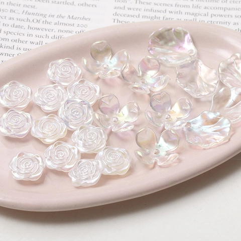 Iridescent Acrylic Camellia Flower Shell Beads For DIY Jewelry Making Romantic Aurora Finish Charms For Hair Accessories