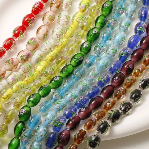 Handmade Oval Lampwork Glass Beads With Gold Foil And Floral Rose Patterns For DIY Necklace Bracelet Making Accessories
