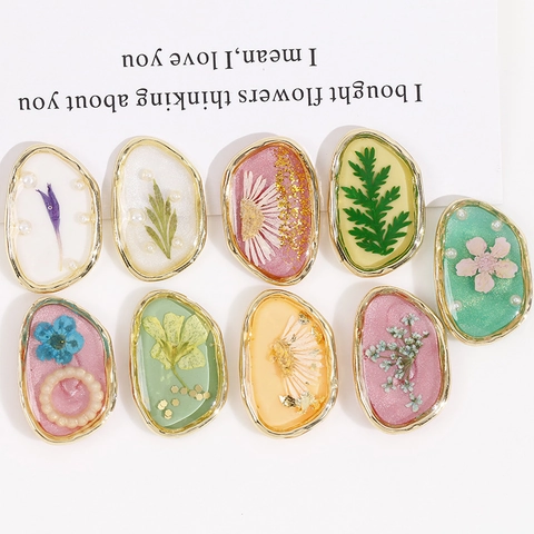 Alloy Resin Dried Flower Pendant Irregular Oval DIY Earring Jewelry Making Accessories With Gold Foil Faux Artificial Pearl