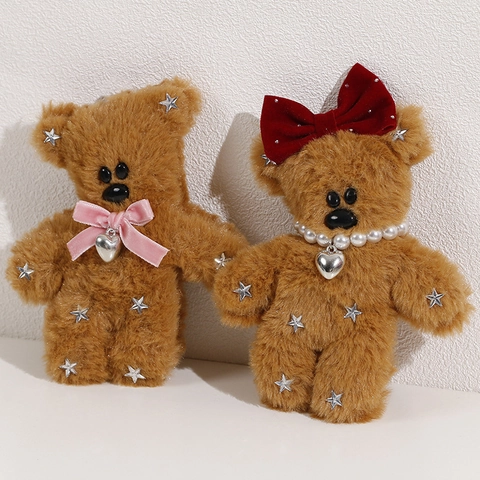 Cute Plush Bear Keychain Pendant With Bow Heart Charm Star Sequins Handcrafted Accessory For Bag Decoration For Girls Women