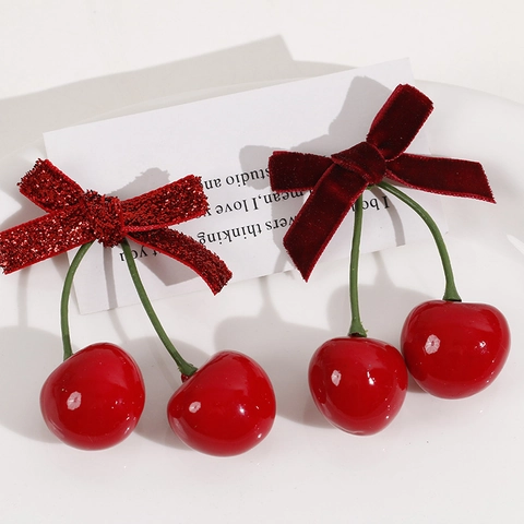 Sweet Red Wine Red Velvet Bow Cherry Pendants For DIY Earring Hair Accessory Making Cute Fruit Design Handmade Jewelry Supplies