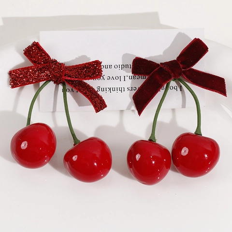 Sweet Red Wine Red Velvet Bow Cherry Pendants For DIY Earring Hair Accessory Making Cute Fruit Design Handmade Jewelry Supplies
