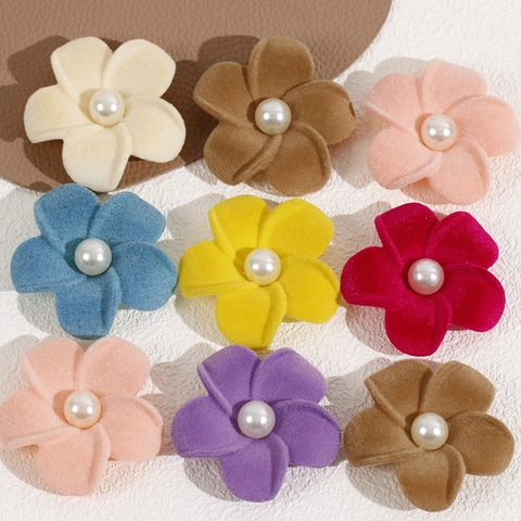 Flocked Five Petal Flower Acrylic Patch With Artificial Pearl Center DIY Floral Accessory For Hair Clips Clothing Decoration