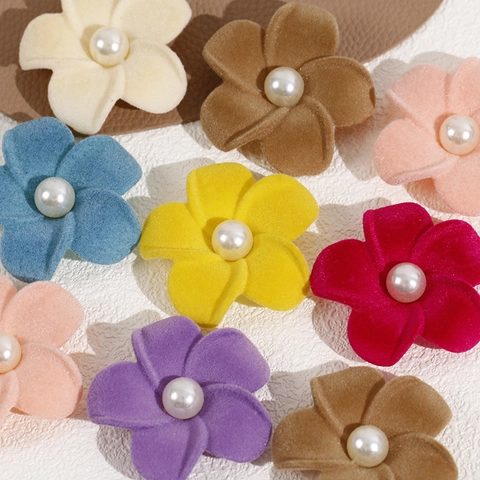 Flocked Five Petal Flower Acrylic Patch With Artificial Pearl Center DIY Floral Accessory For Hair Clips Clothing Decoration