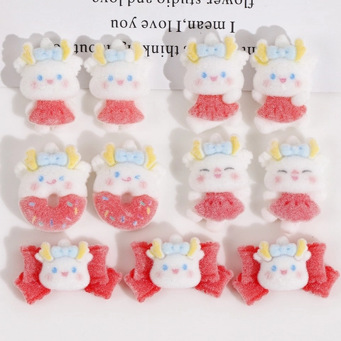 Parches de Resina Flocada de Dragón y Conejo de Dibujos Animados Accesorios de Joyería DIY Para Pinzas de Pelo Decoración de Fundas