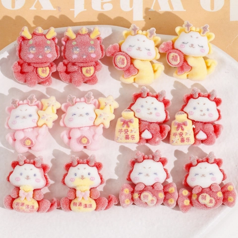 Cute Dragon Baby Flocked Resin Charms For DIY Jewelry Making New Year Fortune Bag Peace Joy Craft Patch Accessories