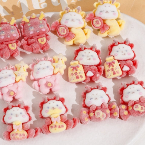 Cute Dragon Baby Flocked Resin Charms For DIY Jewelry Making New Year Fortune Bag Peace Joy Craft Patch Accessories