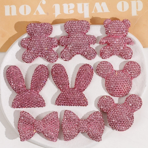 Pink Sparkling Rhinestone Resin Charms Bear Rabbit Bow Flatback Cabochons For DIY Jewelry Making Phone Case Decor Scrapbooking