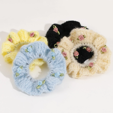 Vintage Knitted Cotton Yarn Rose Flower Scrunchies Handmade Crochet Elastic Hair Band Elegant Floral Headwear For Women