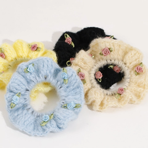 Vintage Knitted Cotton Yarn Rose Flower Scrunchies Handmade Crochet Elastic Hair Band Elegant Floral Headwear For Women