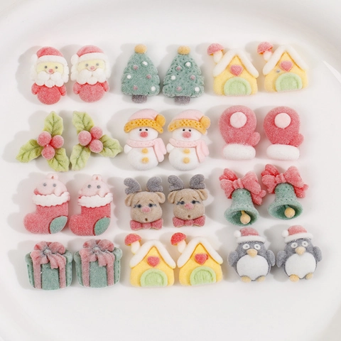 Flocked Resin Christmas Charms For DIY Jewelry Making Santa Claus Reindeer Tree Bell Sock Gift Box Patch Flatback Craft Decoration