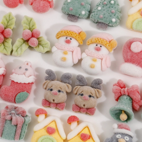 Flocked Resin Christmas Charms For DIY Jewelry Making Santa Claus Reindeer Tree Bell Sock Gift Box Patch Flatback Craft Decoration