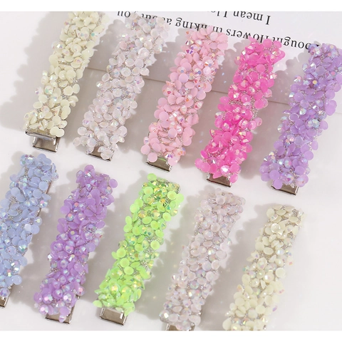 Sparkly AB Colorful Rhinestone Metal Duckbill Hair Clip Square Rectangle Macaron Color Geometric Fashion Hair Accessories For Women