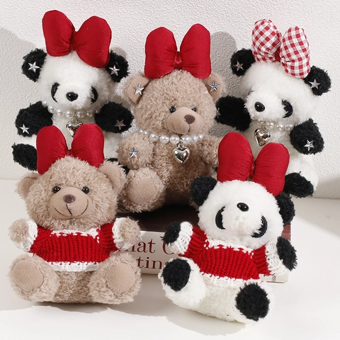 Süßer Plüsch Bär Panda Anhänger Große Rote Schleife Künstliche Perlenkette Herz Stern Deko DIY Schlüsselanhänger Tasche Accessoire
