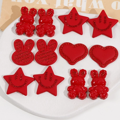 Red Acrylic Rhinestone Rabbit Star Heart Flatback Charms For DIY Jewelry Making Crafts New Year Celebration Decoration