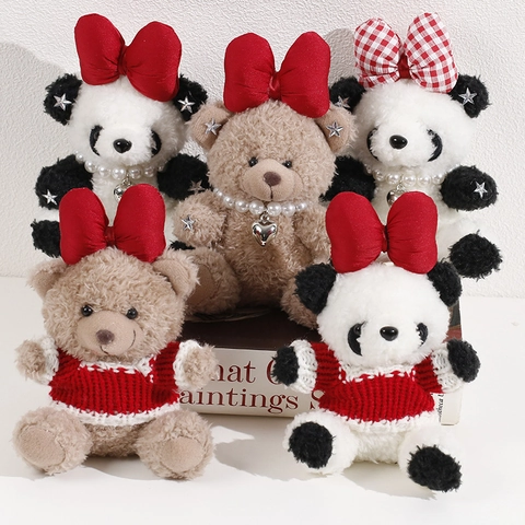 Süßer Plüsch Bär Panda Anhänger Große Rote Schleife Künstliche Perlenkette Herz Stern Deko DIY Schlüsselanhänger Tasche Accessoire