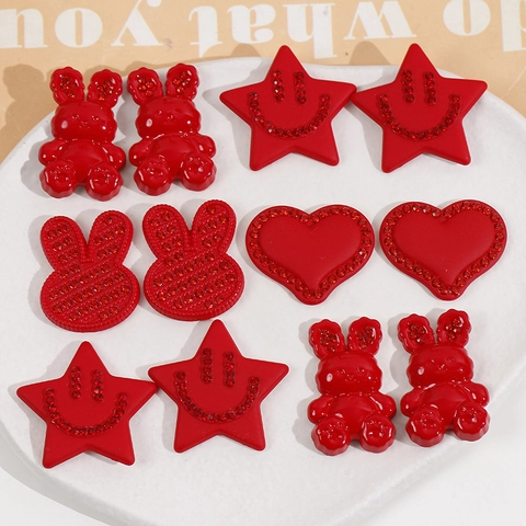 Red Acrylic Rhinestone Rabbit Star Heart Flatback Charms For DIY Jewelry Making Crafts New Year Celebration Decoration