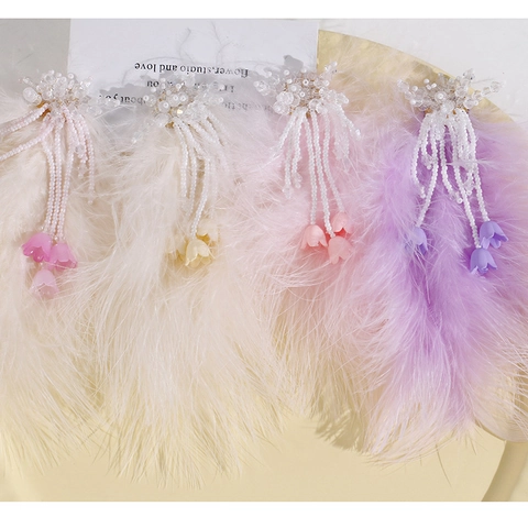 Elegante Lange Straußenfeder Glasperlen Handgewebte Blume Anhänger DIY Haarschmuck Für Damen Hochzeit Party Fee Quaste Schmuck
