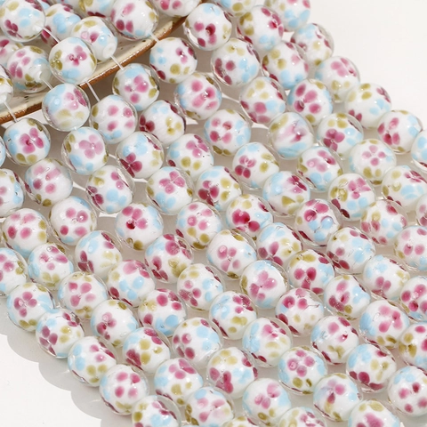 14mm Lampenarbeit Glas Rundperlen Weiß Rosa Blau Grün Blumenmuster Handgefertigte Zwischenperlen Für DIY Schmuckherstellung Halskette