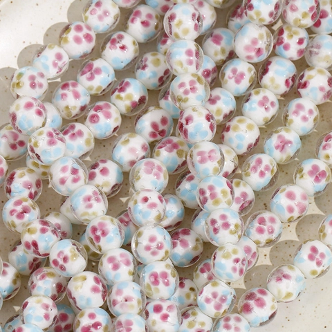 14mm Lampenarbeit Glas Rundperlen Weiß Rosa Blau Grün Blumenmuster Handgefertigte Zwischenperlen Für DIY Schmuckherstellung Halskette
