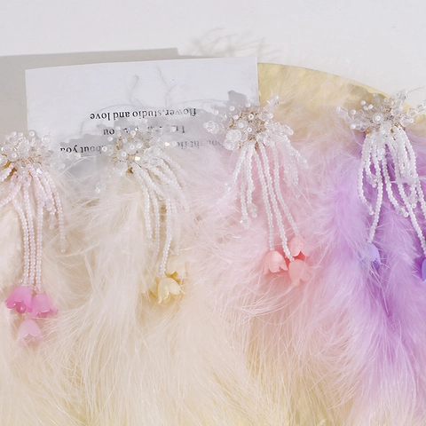 Elegante Lange Straußenfeder Glasperlen Handgewebte Blume Anhänger DIY Haarschmuck Für Damen Hochzeit Party Fee Quaste Schmuck