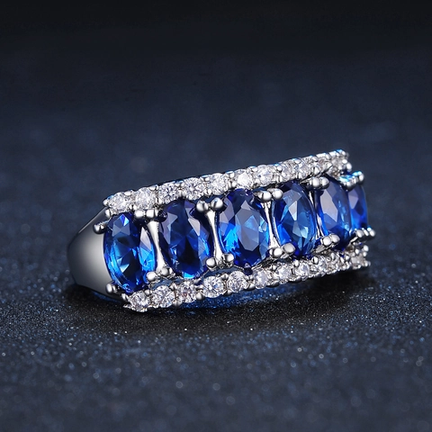 Elegant Copper Zirconia Ring Oval Blue Pink Row Inlaid White Zirconia For Women Prom Wedding Party Fashion Jewelry Gift