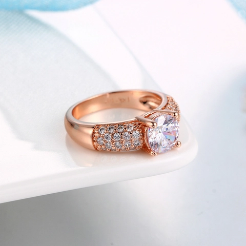 Bague de Fiançailles en Cuivre et Zircone Mode OL pour Femmes Rond Étincelant CZ Micro Pavé Or Rose Plaqué Or Blanc Bijoux