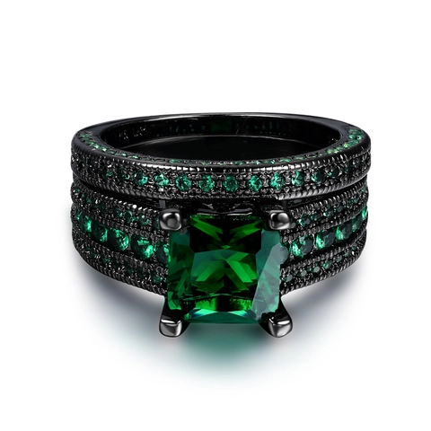 Vintage Black Gold Square Green Cubic Zirconia Combination Rings For Women Elegant Wedding Party Jewelry Stacked Rings
