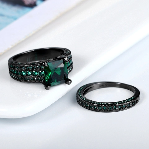 Vintage Black Gold Square Green Cubic Zirconia Combination Rings For Women Elegant Wedding Party Jewelry Stacked Rings