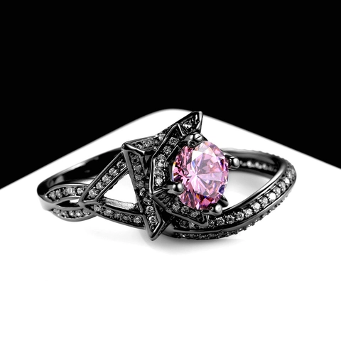 Vintage Kupfer Doppelschicht Ring Für Damen Gothic Schwarz Gold Plattiert Mit Blau Rosa Herz Stern Zirkonia Luxus Mode Schmuck Hochzeit Fingerring Zubehör