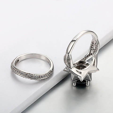 Elegant Platinum Plated Copper Cubic Zirconia Ring Set With Round Black Stone Inlaid Rhinestone Anniversary Jewelry For Women
