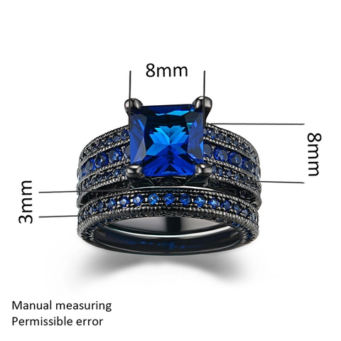 Vintage Gothic Black Gold Plated Princess Square Zirconia Ring Set For Women Double Layer Copper Cubic Zirconia Jewelry