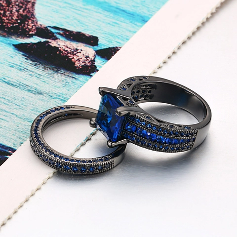 Vintage Gothic Black Gold Plated Princess Square Zirconia Ring Set For Women Double Layer Copper Cubic Zirconia Jewelry