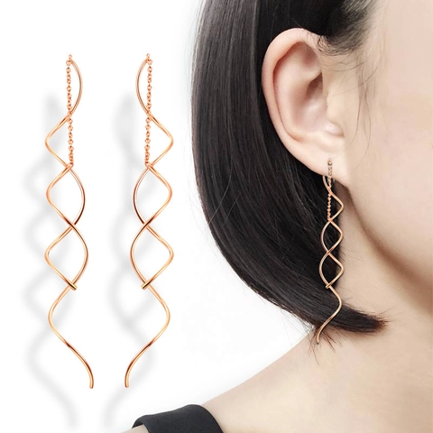 Eleganti Orecchini a Filo in Rame con Onda Spirale per Donna con Intarsio di Zirconia Oro Argento Oro Rosa Gioielli Pendenti