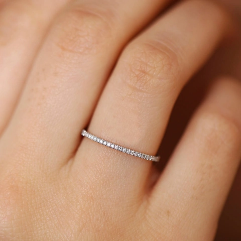 Copper Zirconia Inlaid Eternity Ring For Women Real Gold Plated Simple Thin Band Wedding Party Stacking Fashion Jewelry