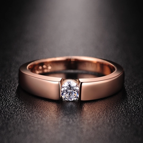 Simple Solitaire Copper Ring With Round Zirconia Stone Rose Gold White Gold Plated Engagement Wedding Ring For Women Men