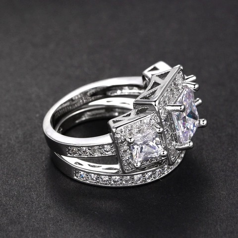Anillo de Compromiso de Cobre Zirconia Talla Princesa Y Conjunto de Banda Doble Capa Halo Joyería de Boda Para Mujer Plateado