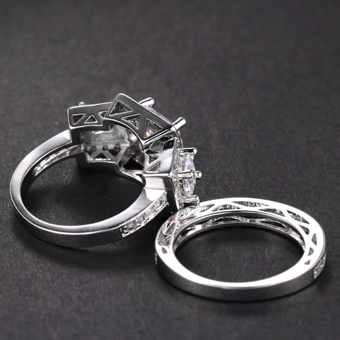 Anillo de Compromiso de Cobre Zirconia Talla Princesa Y Conjunto de Banda Doble Capa Halo Joyería de Boda Para Mujer Plateado