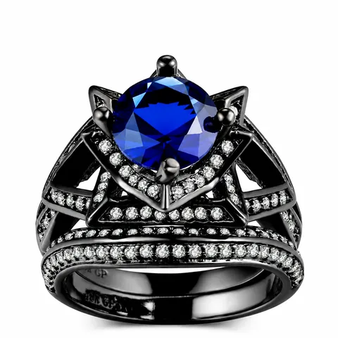 Westerse Mode Koper Zwart Goud Zirconia Ring Set Hoofd Ster Ring En Band Blauwe Steen Gothic Bruiloft Sieraden Voor Vrouwen