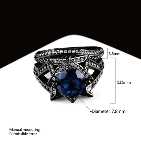 Westerse Mode Koper Zwart Goud Zirconia Ring Set Hoofd Ster Ring En Band Blauwe Steen Gothic Bruiloft Sieraden Voor Vrouwen