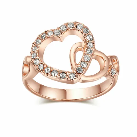Elegant Copper Zirconia Double Heart Ring For Women Fashion Jewelry Rose Gold Platinum Plated Interlocking Heart Ring