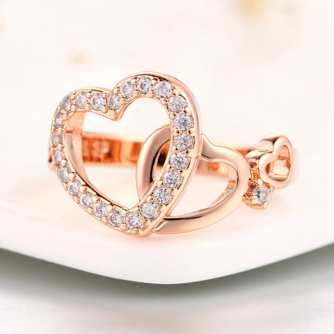 Elegant Copper Zirconia Double Heart Ring For Women Fashion Jewelry Rose Gold Platinum Plated Interlocking Heart Ring