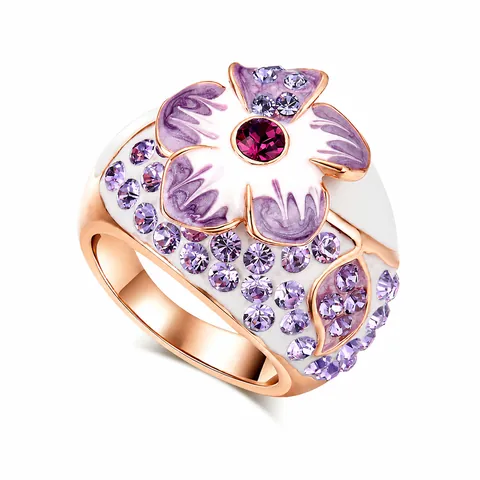 Romantischer Lila Blume Emaille Kupfer Ring Für Damen Roségold Vergoldet Mikro Zirkonia Elegant Floral Mode Schmuck Geschenk