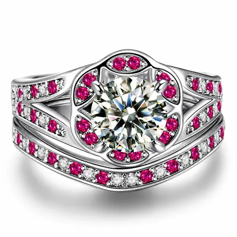 Luxe Witgoud Vergulde Koperen Bloem Ring En Bijzetring Voor Dames AAA Zirkonia Ronde Hoofdsteen Magenta Strass Bruiloft Sieraden