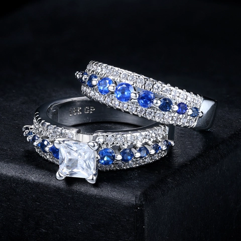 Luxury Copper Zirconia Blue Stone Double Ring Set For Women White Gold Plated Cubic Zirconia Engagement Wedding Party Jewelry Finger Ring