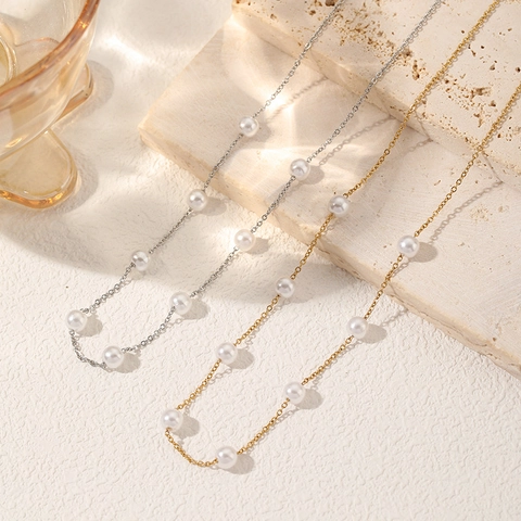 Collar de Acero Inoxidable con Perlas Artificiales para Mujer Minimalista Elegante Color Oro Plata Gargantilla de Perlas Cadena Joyas de Moda Regalo